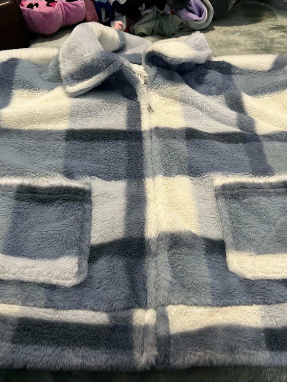 Cozy Plush Plaid Ski Jacket - Blue & White
